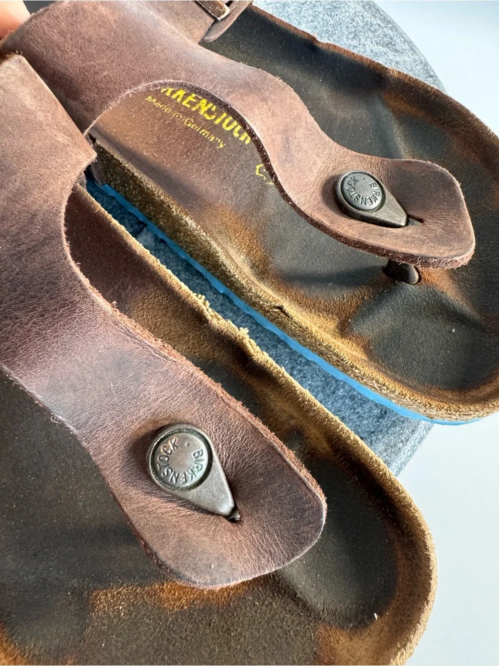 Birkenstocks Gizeh Dark Brown Leather Sandals Blue Soles 45